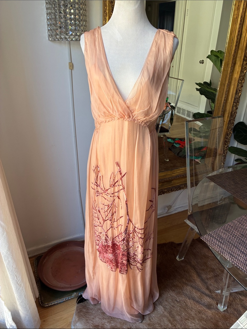 Alberta Ferretti silk Peach Embroidered V-Neck Maxi Dress size 6